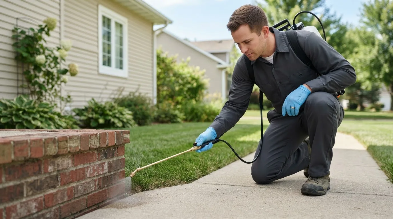 Pest control technician treating a home near Breda, IA
