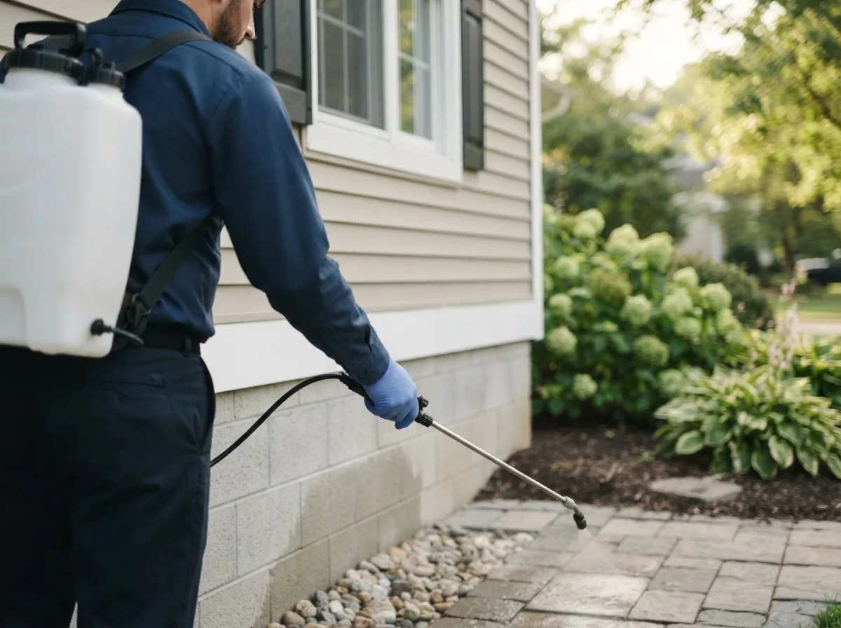 Pest control technician inspecting a home in Breda, IA